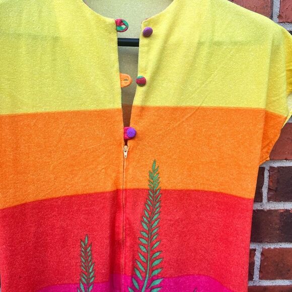 Vintage 70s Rainbow Sunset Caftan Dress w/ Tropical Grass Print – M/L Boho - Picture 2 of 7